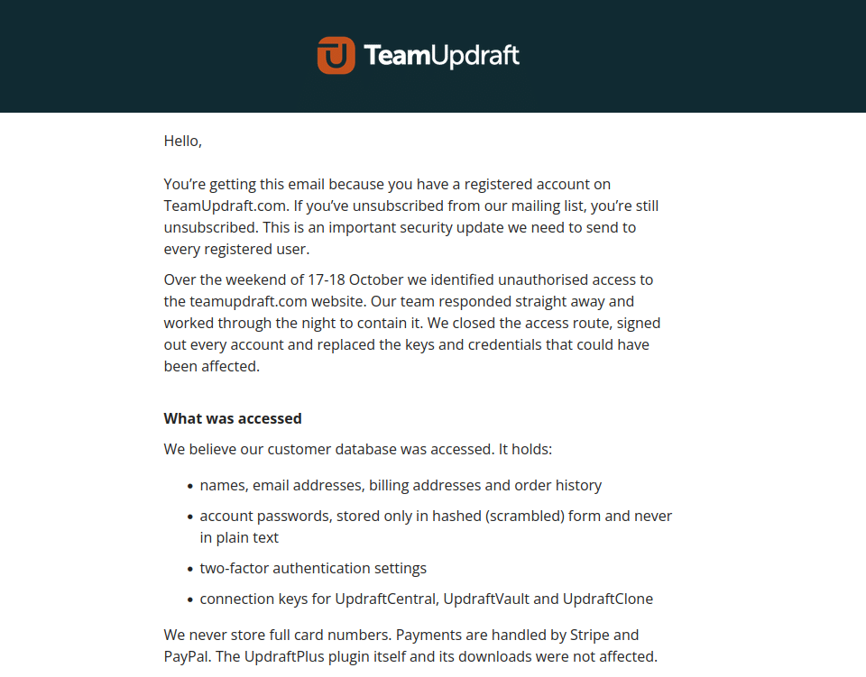 E-Mail von TeamUpdraft an Kunden zum Sicherheitsvorfall: unbefugter Zugriff auf teamupdraft.com am 17./18. Oktober, betroffen ist die Kundendatenbank mit Verbindungsschlüsseln
